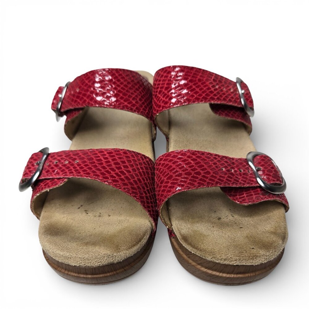 Dansko Sofie Ruby Red Snake Embossed Sandals Silv… - image 4